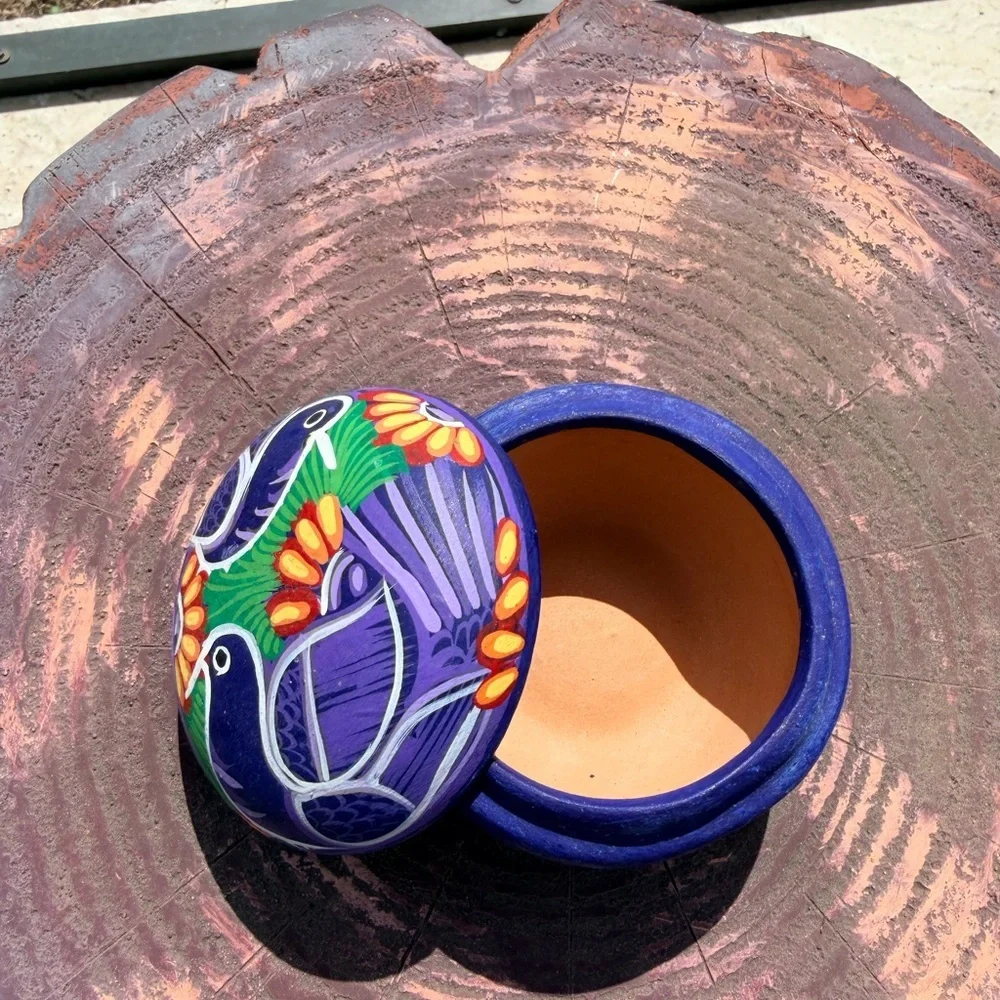 Mexican Art Pottery Colorful Painted Terra Cotta Lidded Trinket Box 3.5